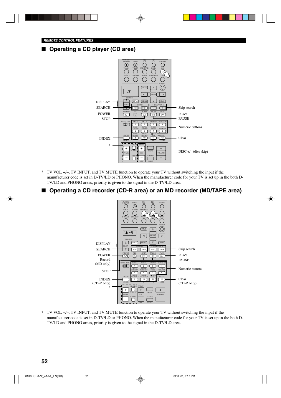 Operating a cd player (cd area), Remote control features | Yamaha DSP-AZ2 User Manual | Page 54 / 84