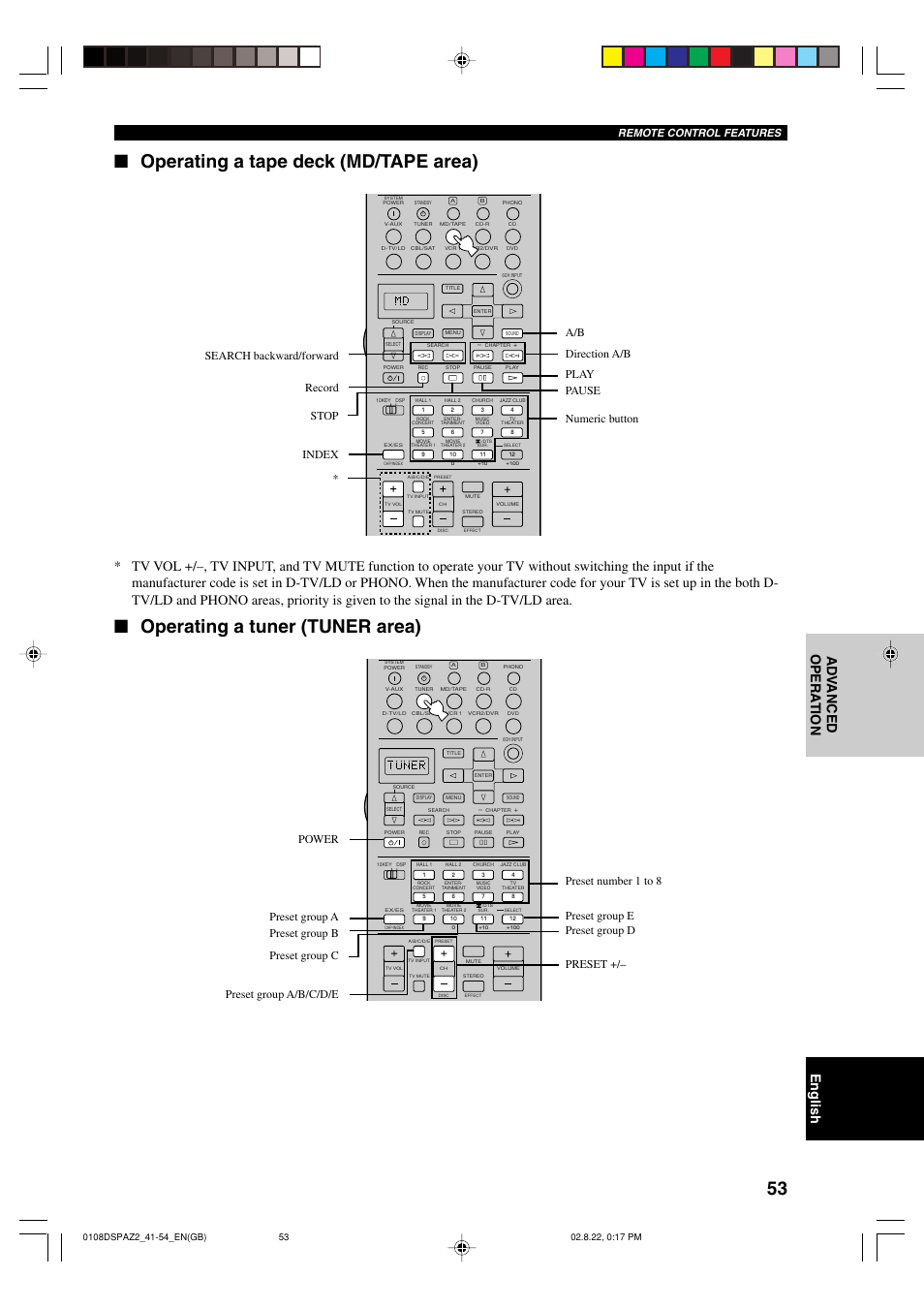 Operating a tape deck (md/tape area), Operating a tuner (tuner area), Remote control features | Yamaha DSP-AZ2 User Manual | Page 55 / 84