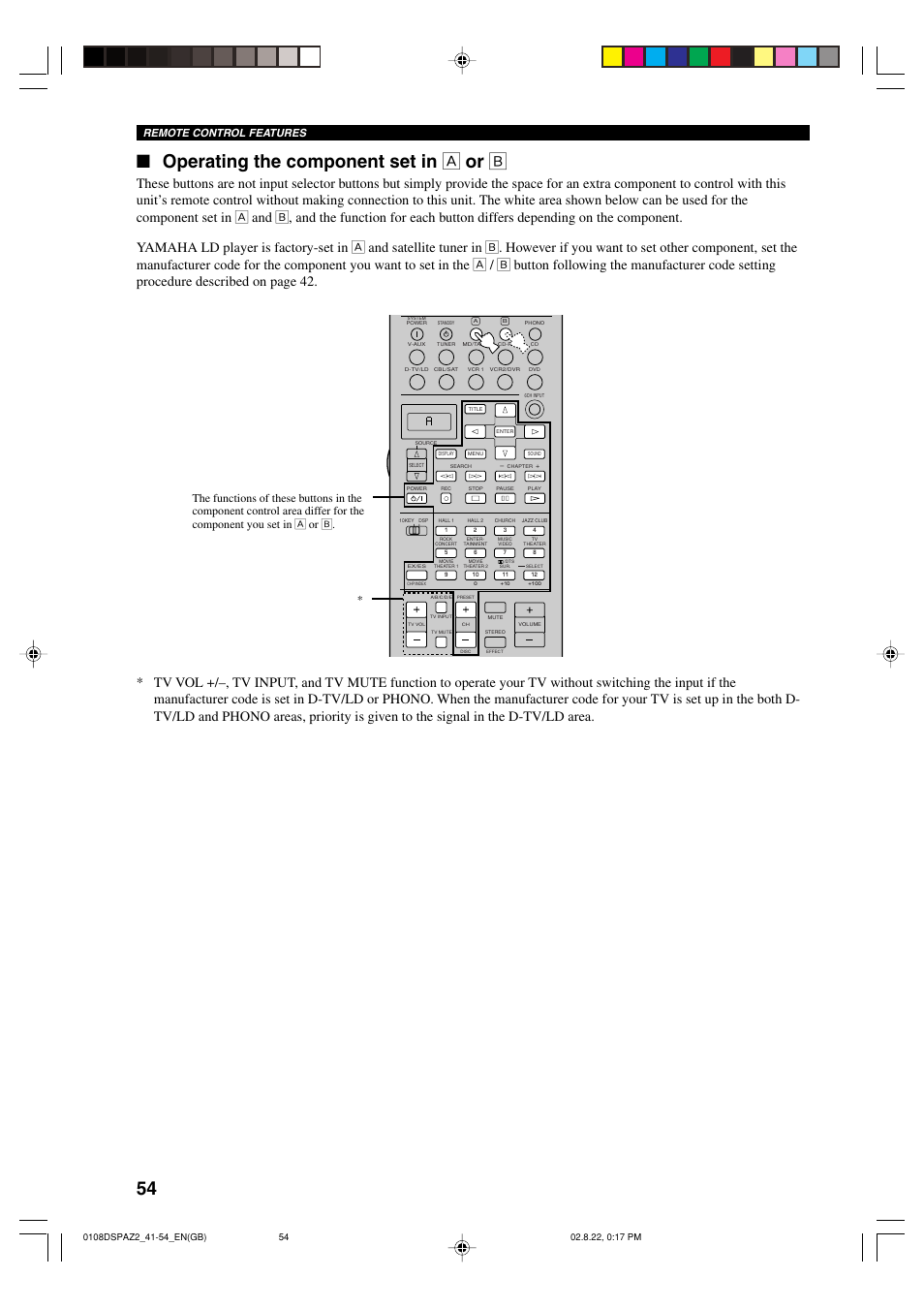 Operating the component set in å or ı, Remote control features | Yamaha DSP-AZ2 User Manual | Page 56 / 84