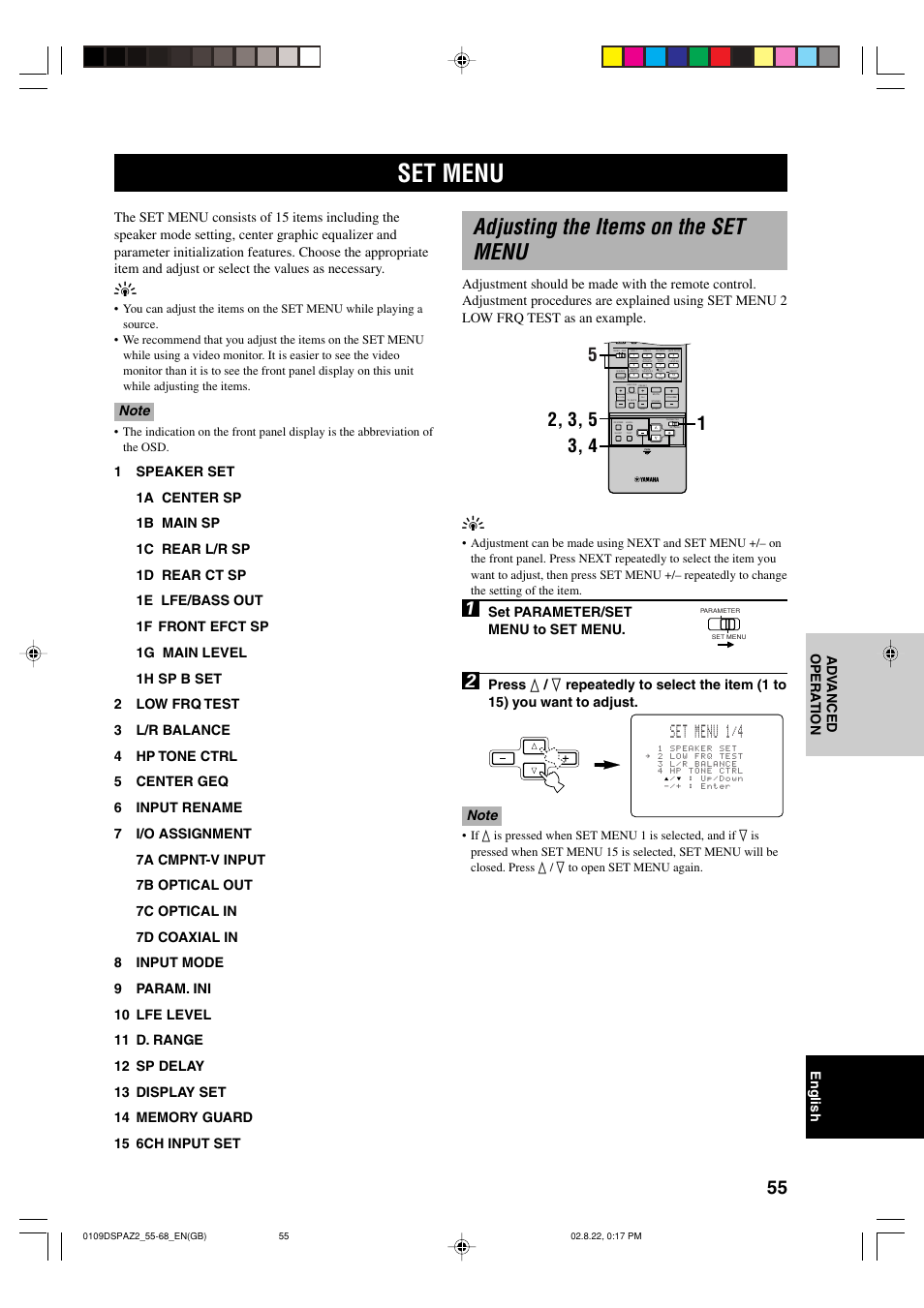 Set menu, Adjusting the items on the set menu, Set menu 1/4 | Set parameter/set menu to set menu | Yamaha DSP-AZ2 User Manual | Page 57 / 84