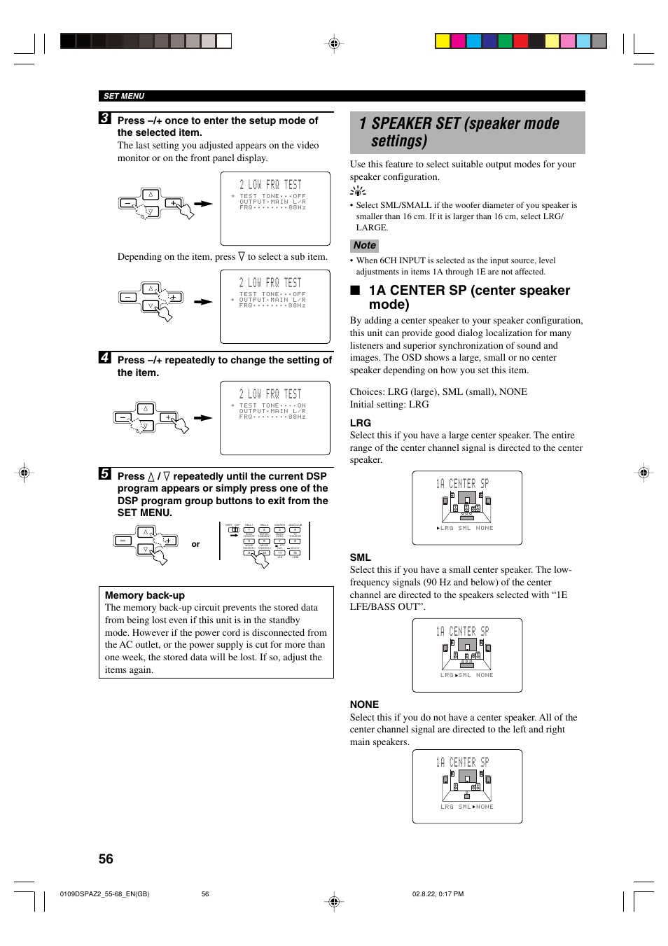 1 speaker set (speaker mode settings), 1a center sp (center speaker mode), 1a center sp | 2 low frq test | Yamaha DSP-AZ2 User Manual | Page 58 / 84