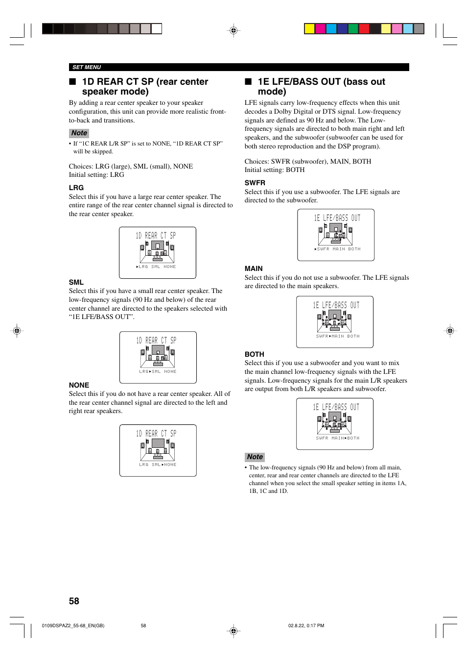 1e lfe/bass out (bass out mode), 1d rear ct sp (rear center speaker mode), 1e lfe/bass out | 1d rear ct sp | Yamaha DSP-AZ2 User Manual | Page 60 / 84