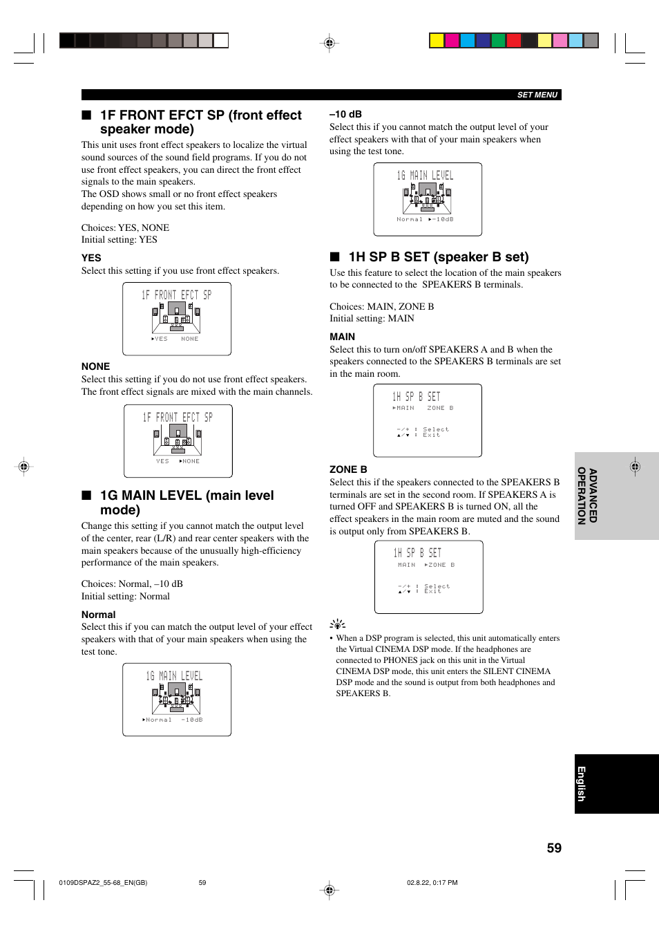 1f front efct sp (front effect speaker mode), 1h sp b set (speaker b set), 1g main level (main level mode) | 1f front efct sp, 1h sp b set, 1g main level, 1g main level 1h sp b set | Yamaha DSP-AZ2 User Manual | Page 61 / 84