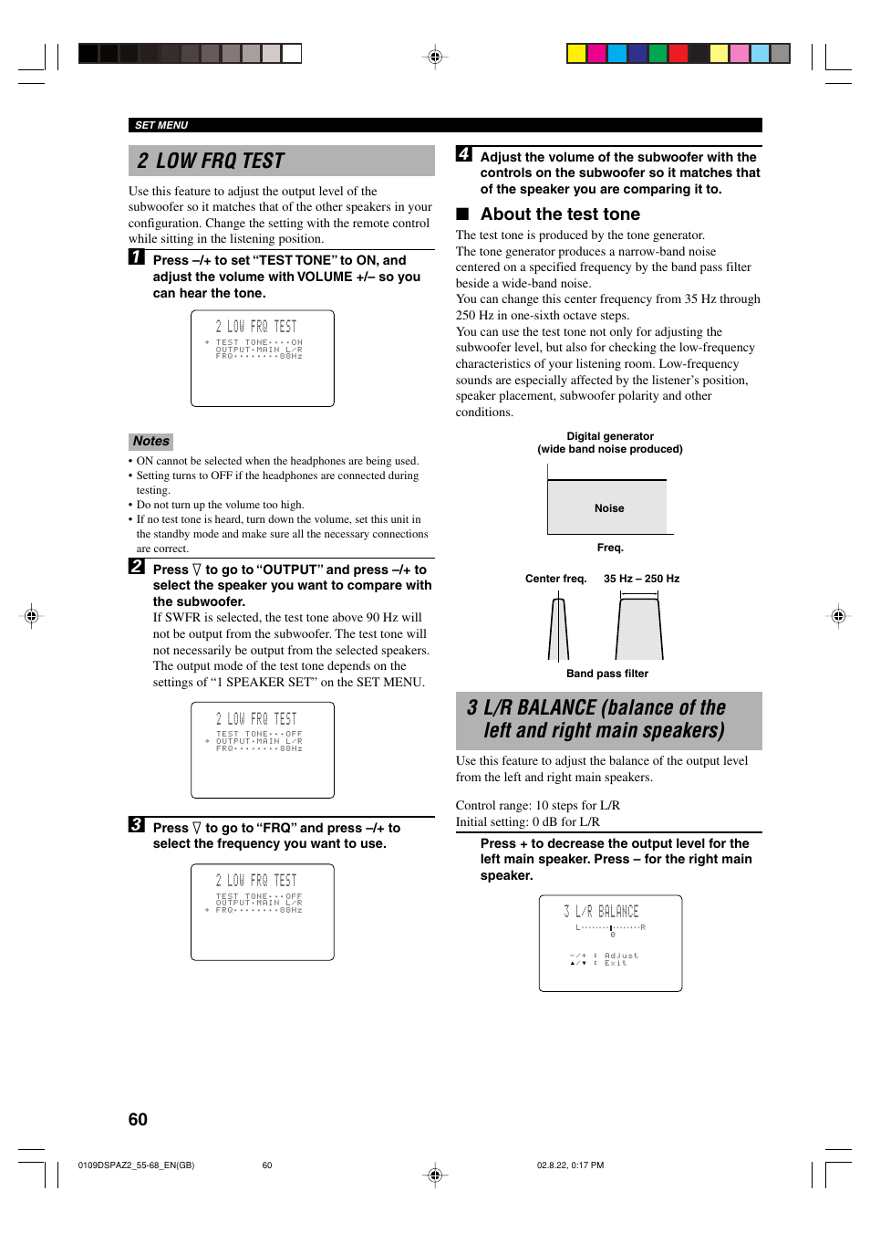 2 low frq test, About the test tone, 3 l/r balance | Yamaha DSP-AZ2 User Manual | Page 62 / 84