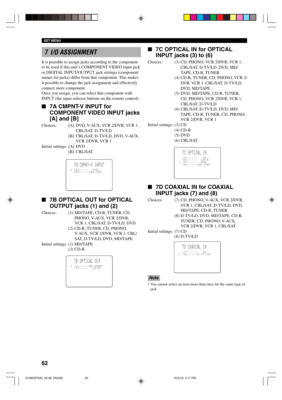 7 i/o assignment, 7c optical in for optical input jacks (3) to (6), 7d coaxial in for coaxial input jacks (7) and (8) | 7d coaxial in, 7c optical in, 7a cmpnt-v input, 7b optical out | Yamaha DSP-AZ2 User Manual | Page 64 / 84