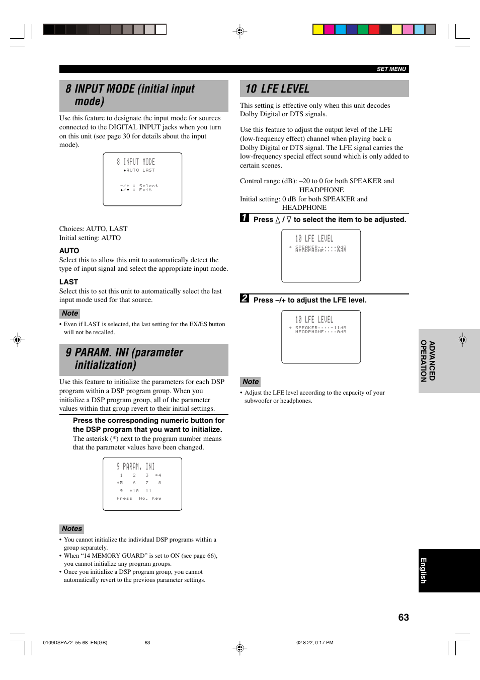 8 input mode (initial input mode), 9 param. ini (parameter initialization), 10 lfe level | 9 param. ini, 8 input mode | Yamaha DSP-AZ2 User Manual | Page 65 / 84