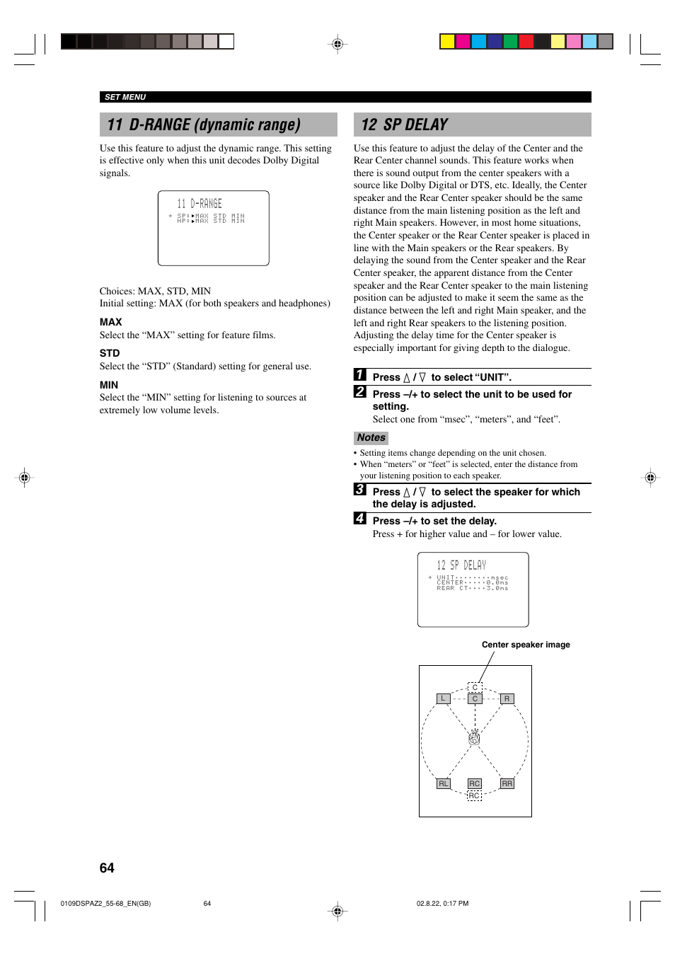 11 d-range (dynamic range), 12 sp delay, 11 d-range | Yamaha DSP-AZ2 User Manual | Page 66 / 84