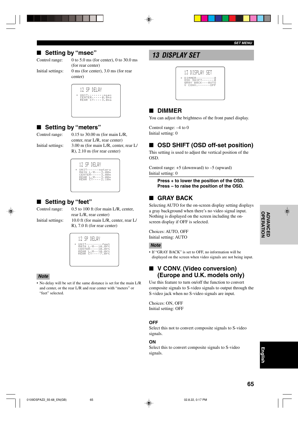 13 display set, Dimmer, Osd shift (osd off-set position) | Gray back, Setting by “msec, Setting by “meters, Setting by “feet, 12 sp delay | Yamaha DSP-AZ2 User Manual | Page 67 / 84