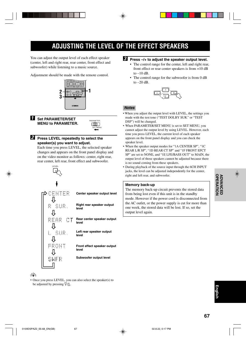 Adjusting the level of the effect speakers | Yamaha DSP-AZ2 User Manual | Page 69 / 84