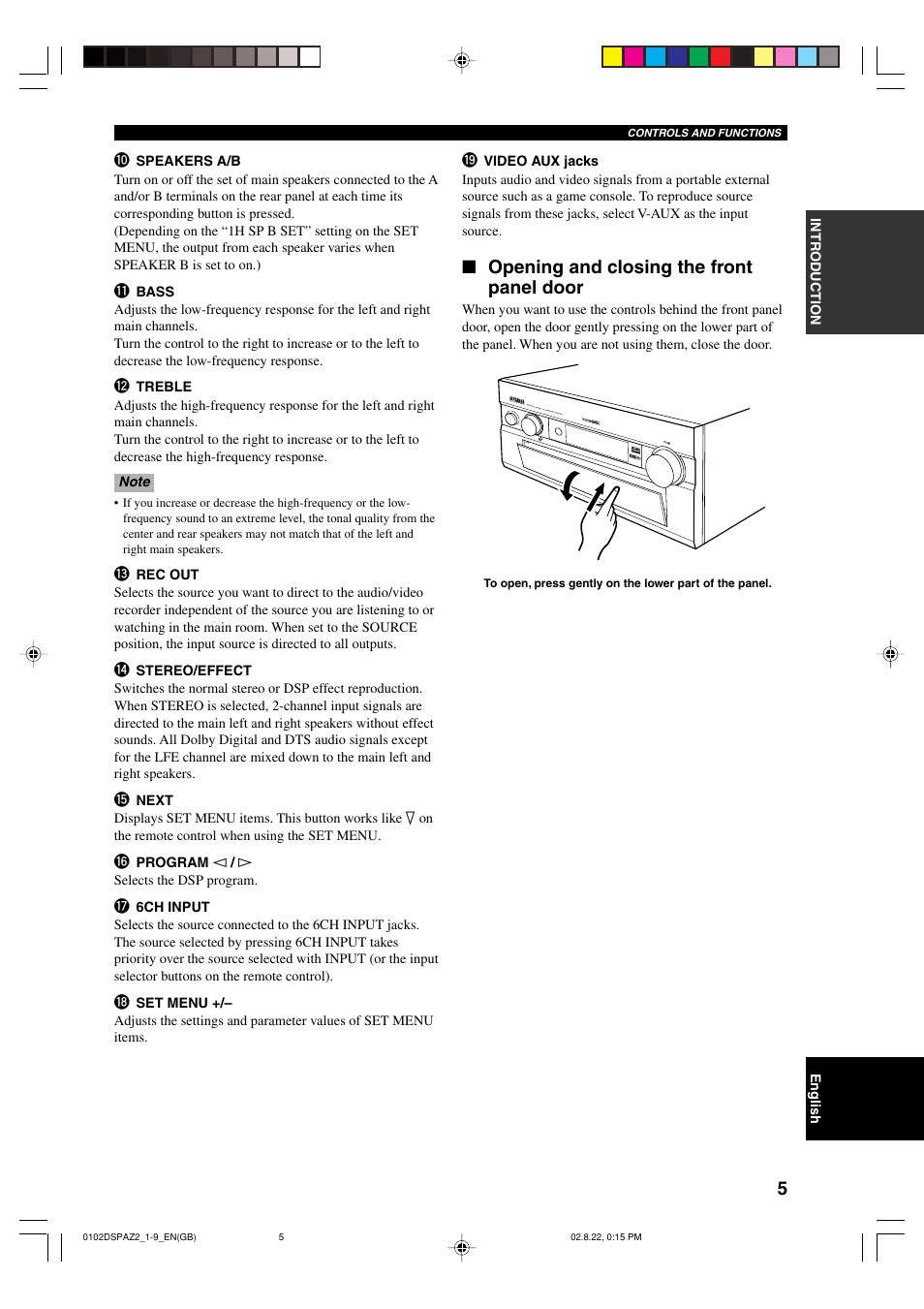 Opening and closing the front panel door | Yamaha DSP-AZ2 User Manual | Page 7 / 84