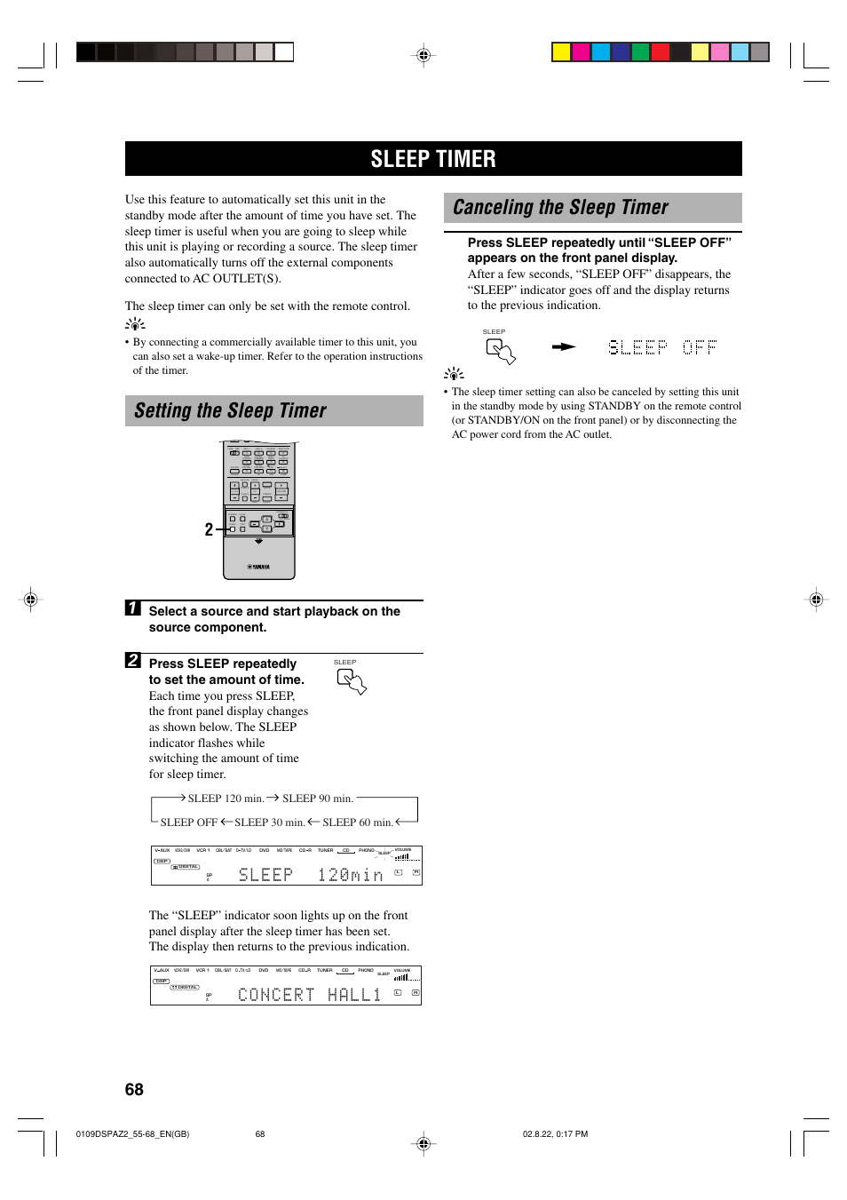 Sleep timer, Setting the sleep timer, Canceling the sleep timer | Setting the sleep timer 1 | Yamaha DSP-AZ2 User Manual | Page 70 / 84