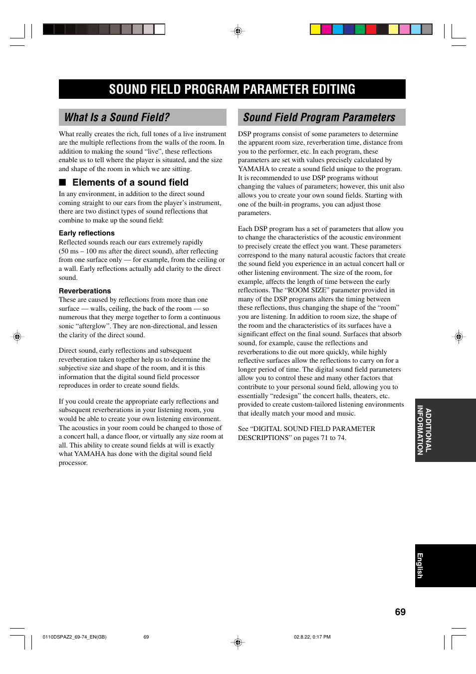 Additional information, Sound field program parameter editing, What is a sound field | Sound field program parameters, Elements of a sound field | Yamaha DSP-AZ2 User Manual | Page 71 / 84