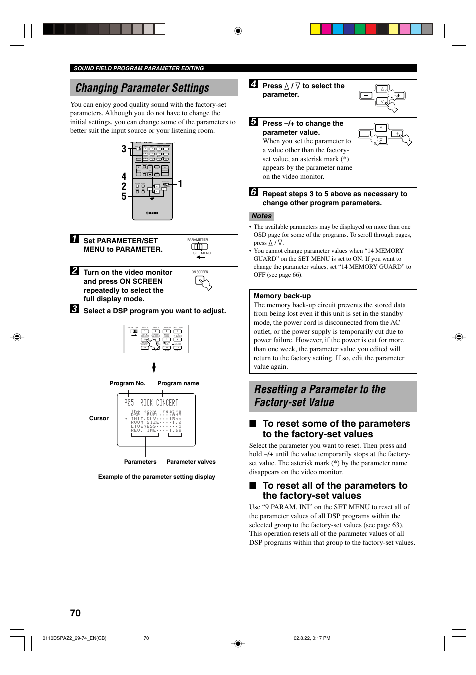 Changing parameter settings, Resetting a parameter to the factory-set value, P05 rock concert | Press k / n to select the parameter, Set parameter/set menu to parameter, Select a dsp program you want to adjust, Parameter valves, Sound field program parameter editing | Yamaha DSP-AZ2 User Manual | Page 72 / 84