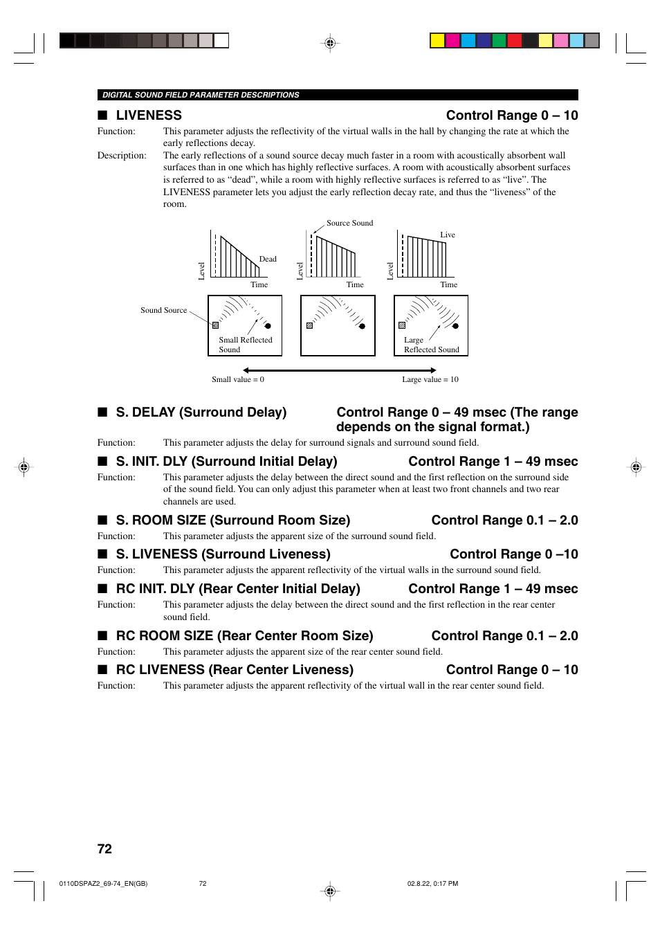 Liveness control range 0 – 10 | Yamaha DSP-AZ2 User Manual | Page 74 / 84