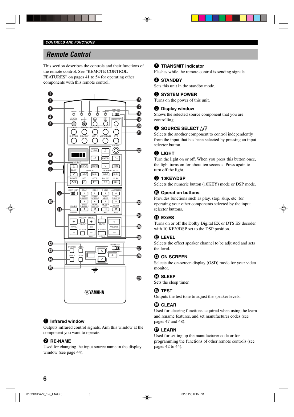 Remote control, Standby sets this unit in the standby mode, System power turns on the power of this unit | Sleep sets the sleep timer | Yamaha DSP-AZ2 User Manual | Page 8 / 84