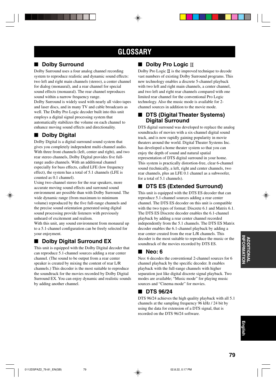 Glossary, Dolby surround, Dolby digital | Dolby digital surround ex, Dolby pro logic, Dts (digital theater systems) digital surround, Dts es (extended surround), Neo: 6, Dts 96/24 | Yamaha DSP-AZ2 User Manual | Page 81 / 84