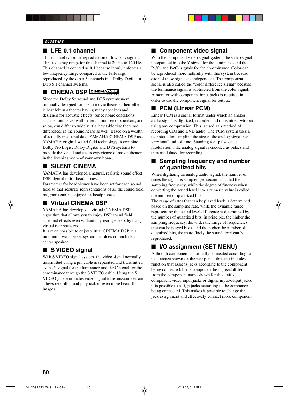 Lfe 0.1 channel, Cinema dsp, Silent cinema | Virtual cinema dsp, S video signal, Component video signal, Pcm (linear pcm), Sampling frequency and number of quantized bits, I/o assignment (set menu) | Yamaha DSP-AZ2 User Manual | Page 82 / 84