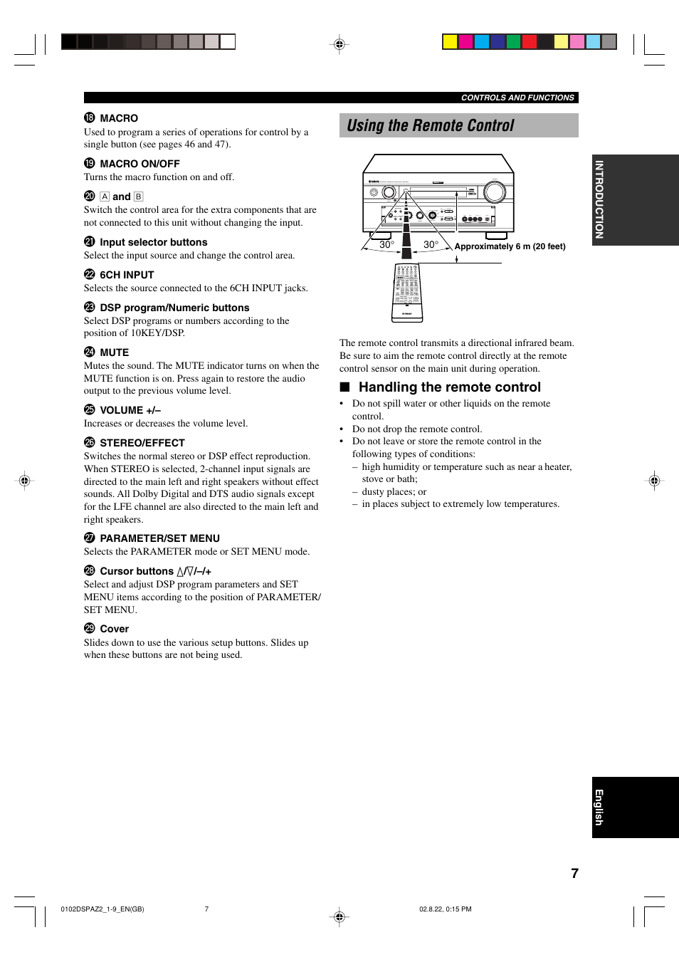 Using the remote control, Handling the remote control | Yamaha DSP-AZ2 User Manual | Page 9 / 84