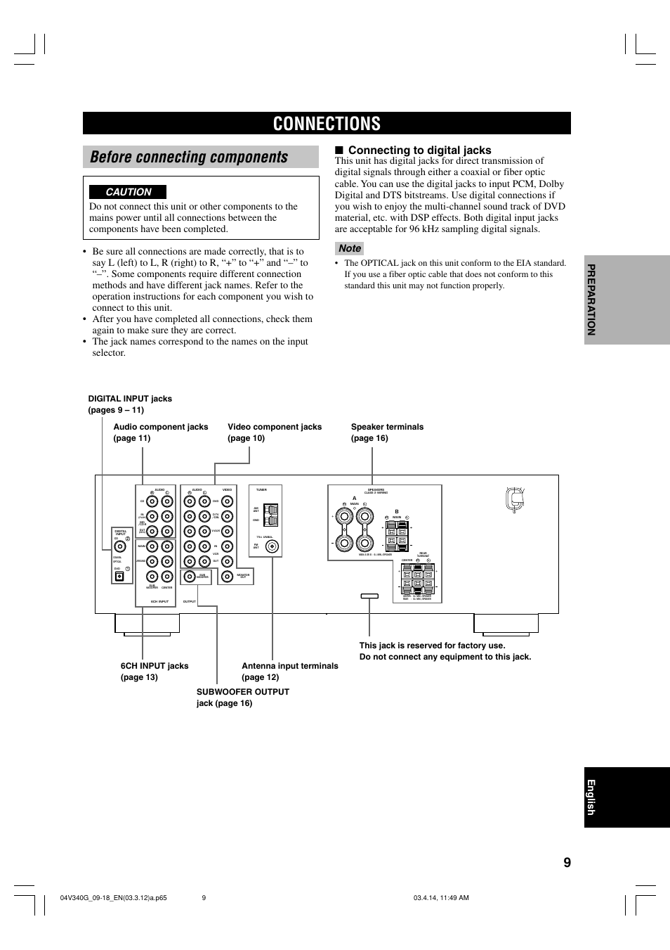 Preparation, Connections, Before connecting components | Connecting to digital jacks, English prep ara tion | Yamaha HTR-5630RDS User Manual | Page 11 / 106