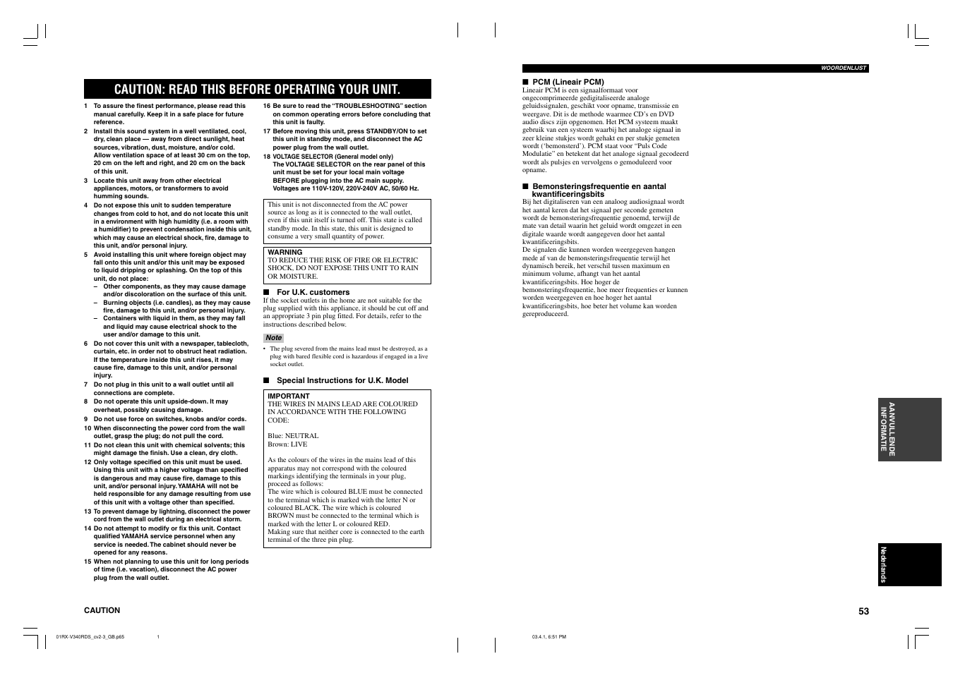 English, Caution, Caution: read this before operating your unit | Yamaha HTR-5630RDS User Manual | Page 2 / 106