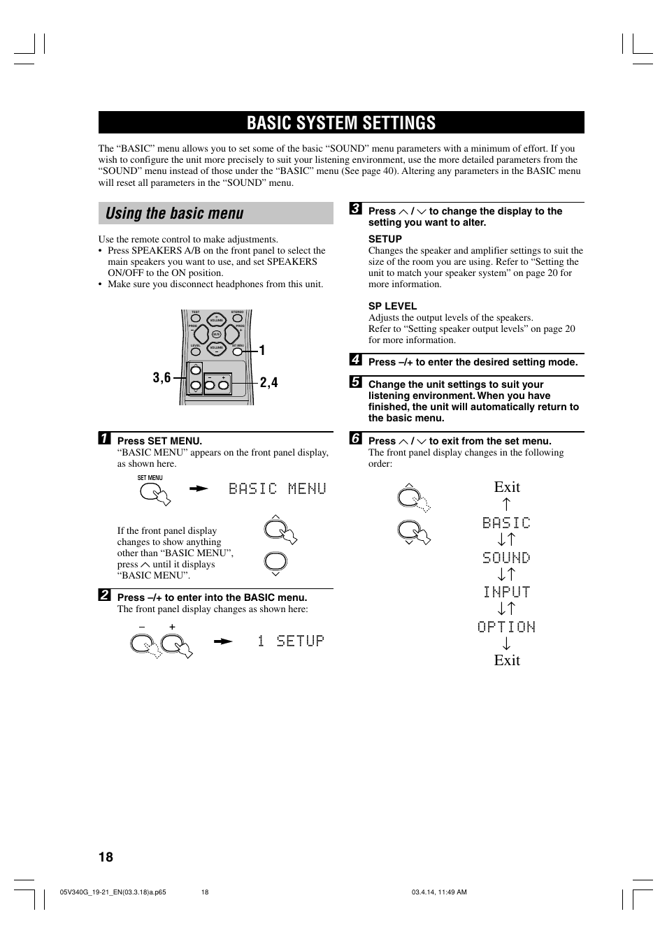 Basic system settings, Using the basic menu, Exit | Yamaha HTR-5630RDS User Manual | Page 20 / 106