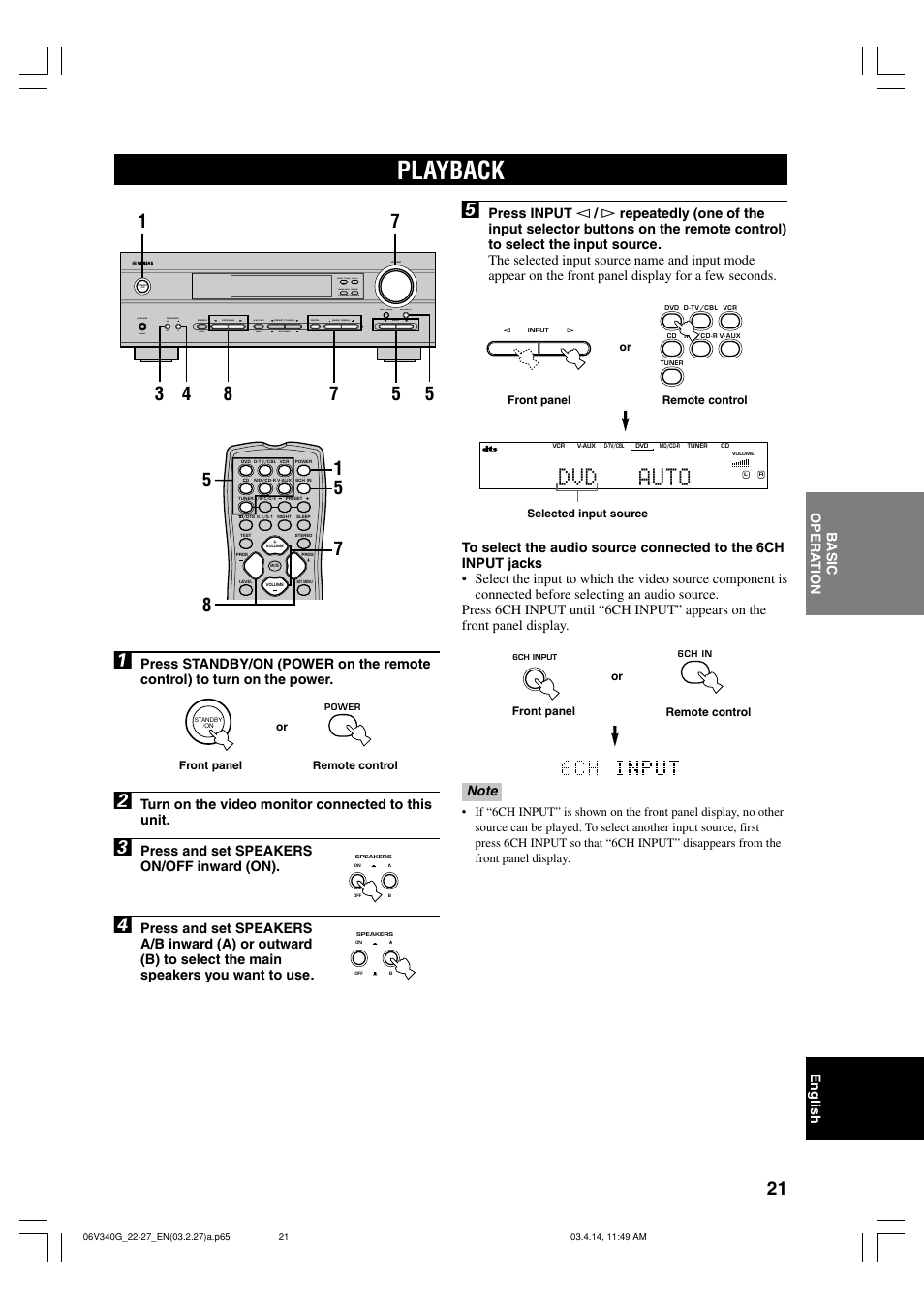 Basicoperation, Playback, Dvd auto | Yamaha HTR-5630RDS User Manual | Page 23 / 106