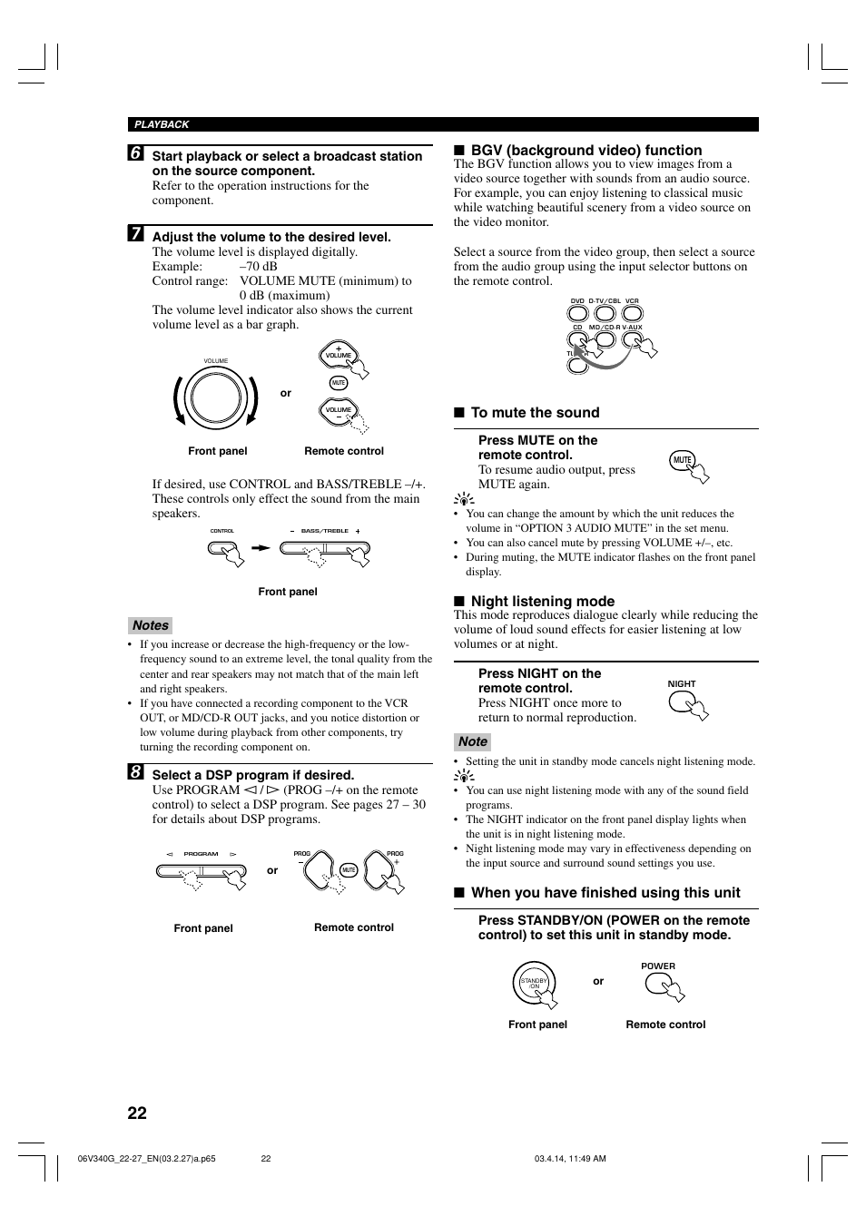 Bgv (background video) function, Night listening mode, When you have finished using this unit | Yamaha HTR-5630RDS User Manual | Page 24 / 106