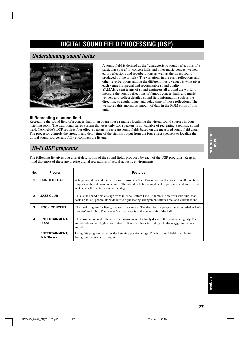 Digital sound field processing (dsp), Understanding sound fields, Hi-fi dsp programs | Yamaha HTR-5630RDS User Manual | Page 29 / 106