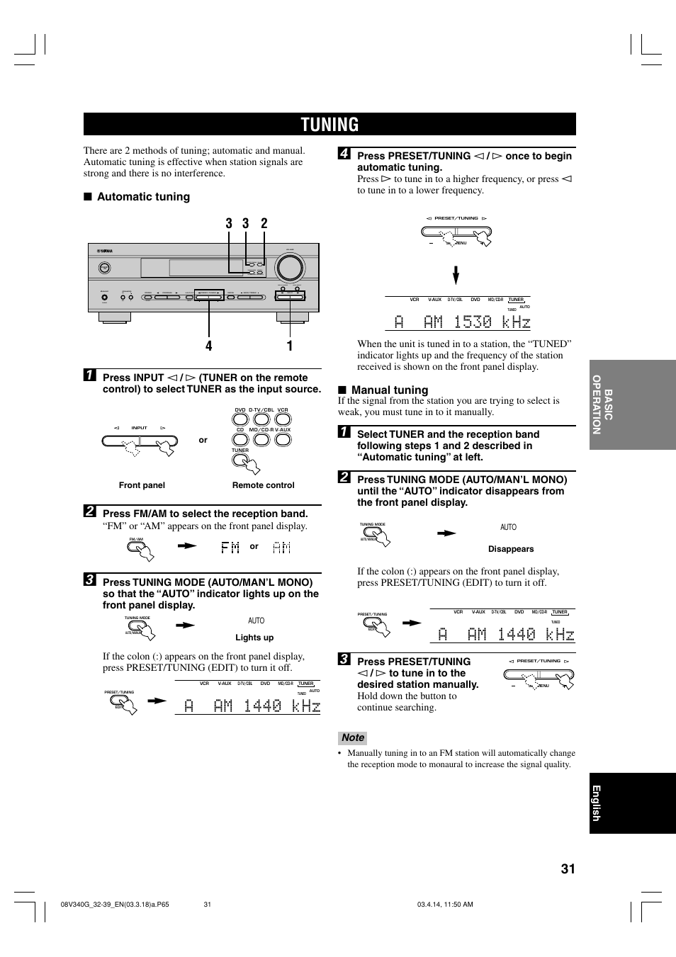 Tuning, Aam 1440 khz, Aam 1530 khz | Manual tuning, Automatic tuning | Yamaha HTR-5630RDS User Manual | Page 33 / 106