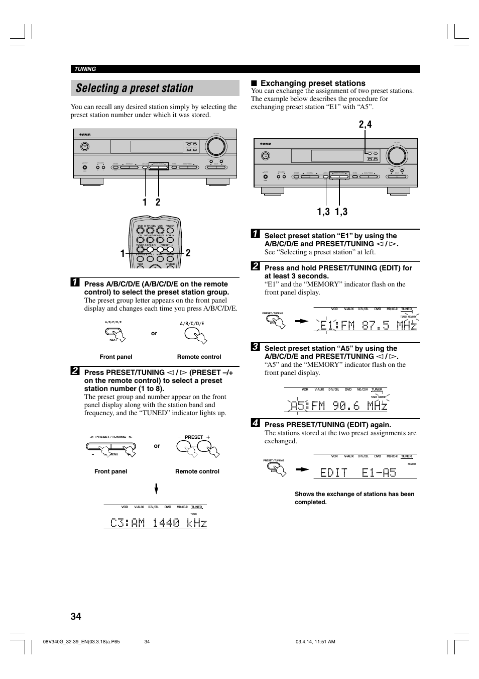 Selecting a preset station, E1:fm 87.5 mhz, A5:fm 90.6 mhz | Edit e1-a5, Exchanging preset stations | Yamaha HTR-5630RDS User Manual | Page 36 / 106