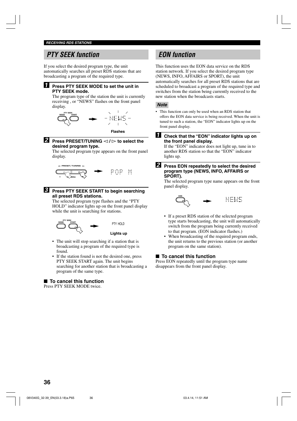 Pty seek function, Eon function | Yamaha HTR-5630RDS User Manual | Page 38 / 106