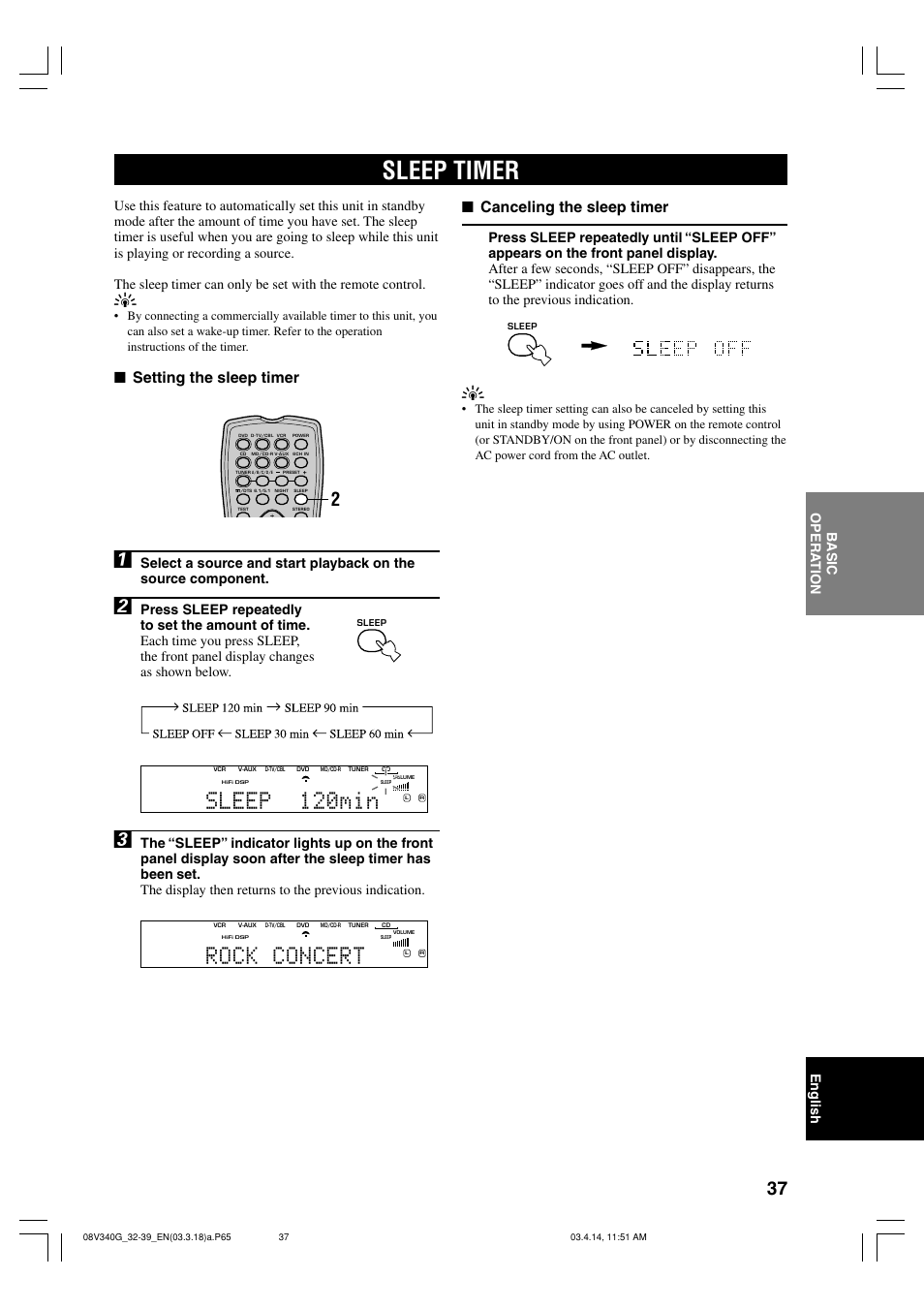 Sleep timer, Rock concert, Sleep 120min | Setting the sleep timer, Canceling the sleep timer, English b asic opera tion | Yamaha HTR-5630RDS User Manual | Page 39 / 106