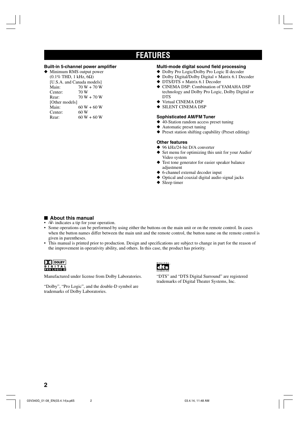 Features | Yamaha HTR-5630RDS User Manual | Page 4 / 106