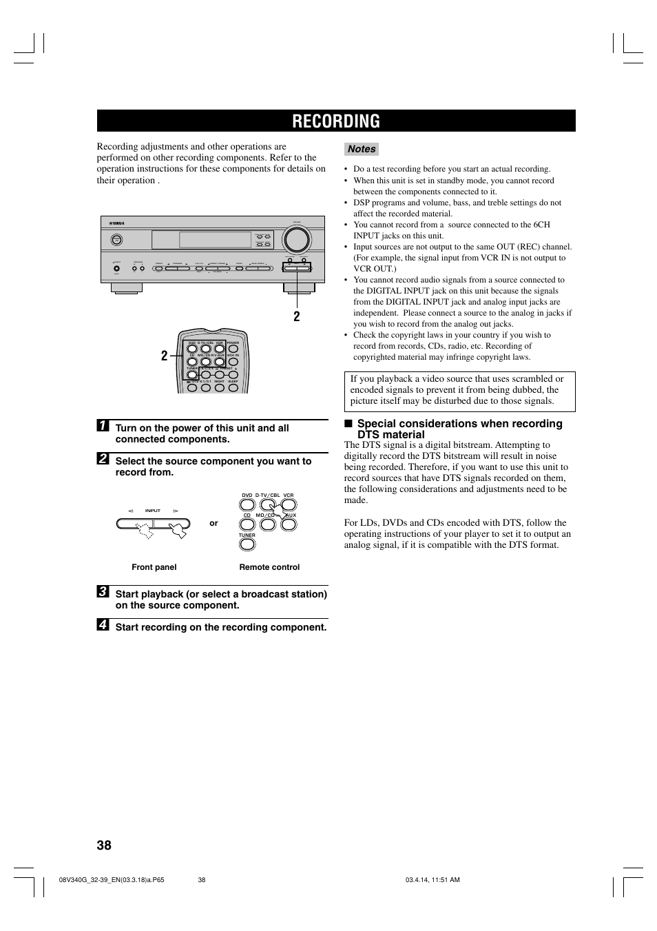 Recording, Special considerations when recording dts material | Yamaha HTR-5630RDS User Manual | Page 40 / 106