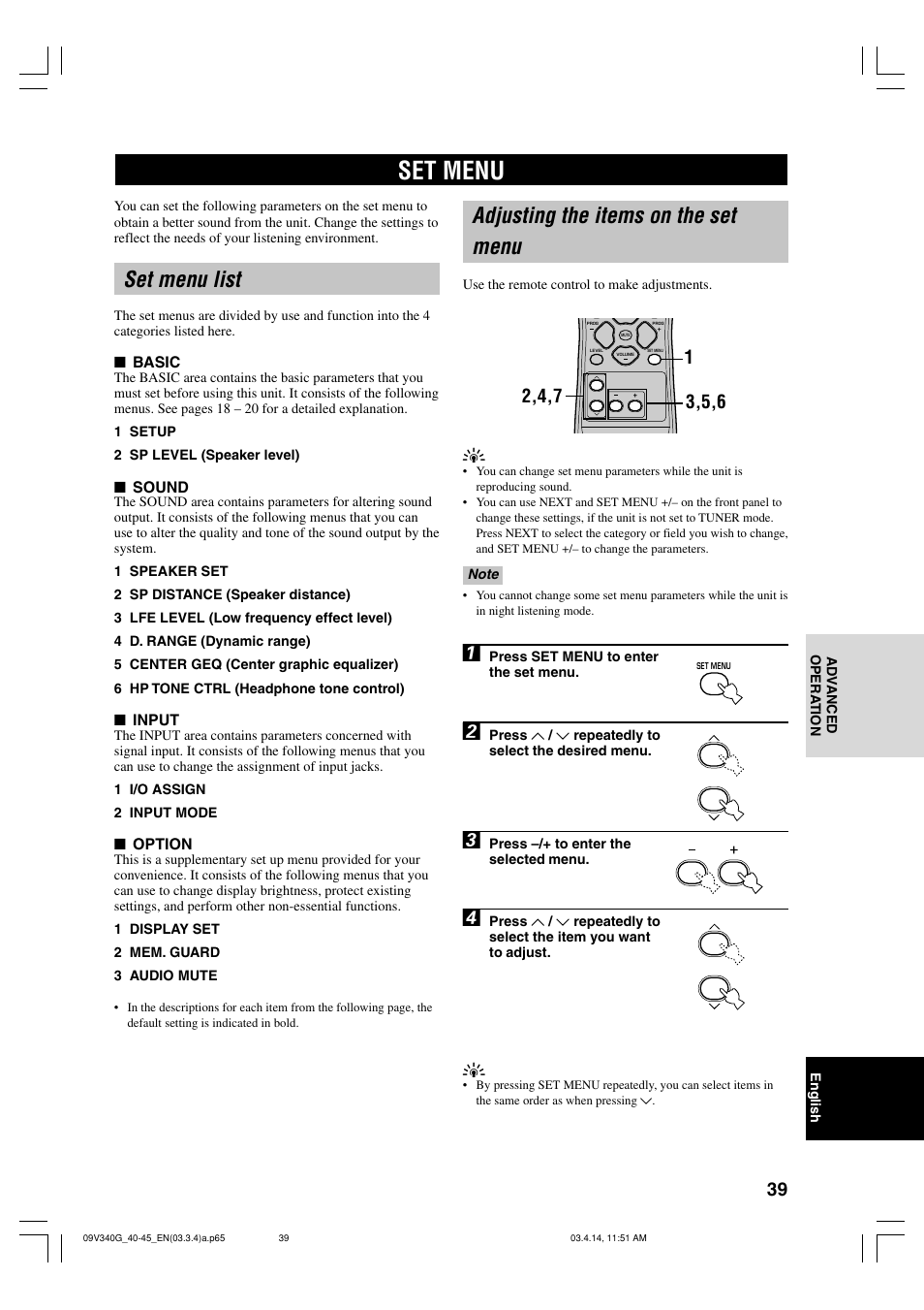 Advancedoperation, Set menu, Set menu list | Adjusting the items on the set menu | Yamaha HTR-5630RDS User Manual | Page 41 / 106