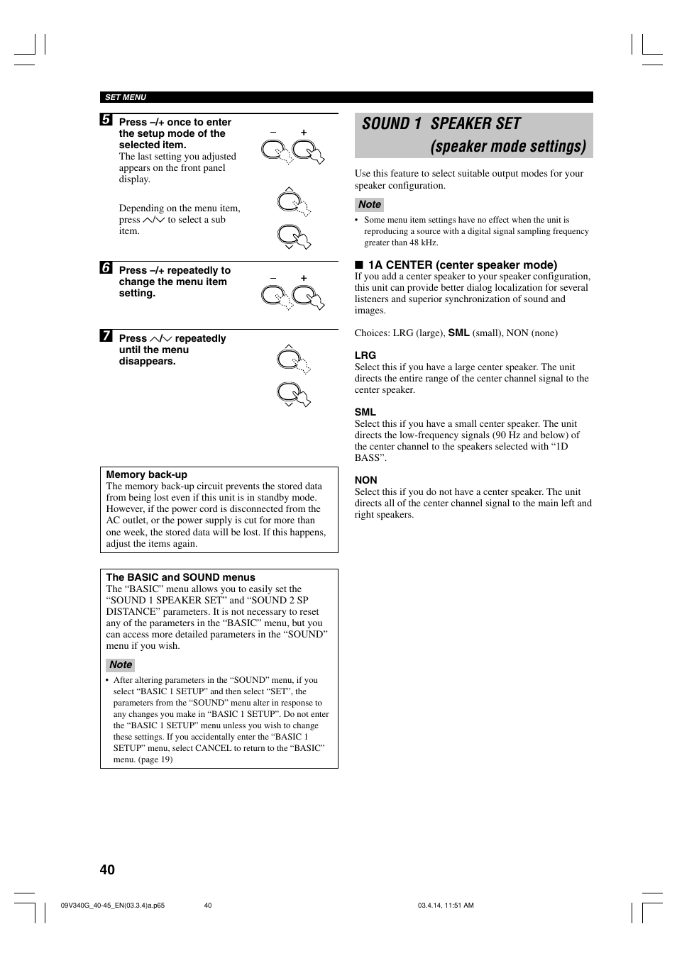 Sound 1 speaker set (speaker mode settings) | Yamaha HTR-5630RDS User Manual | Page 42 / 106