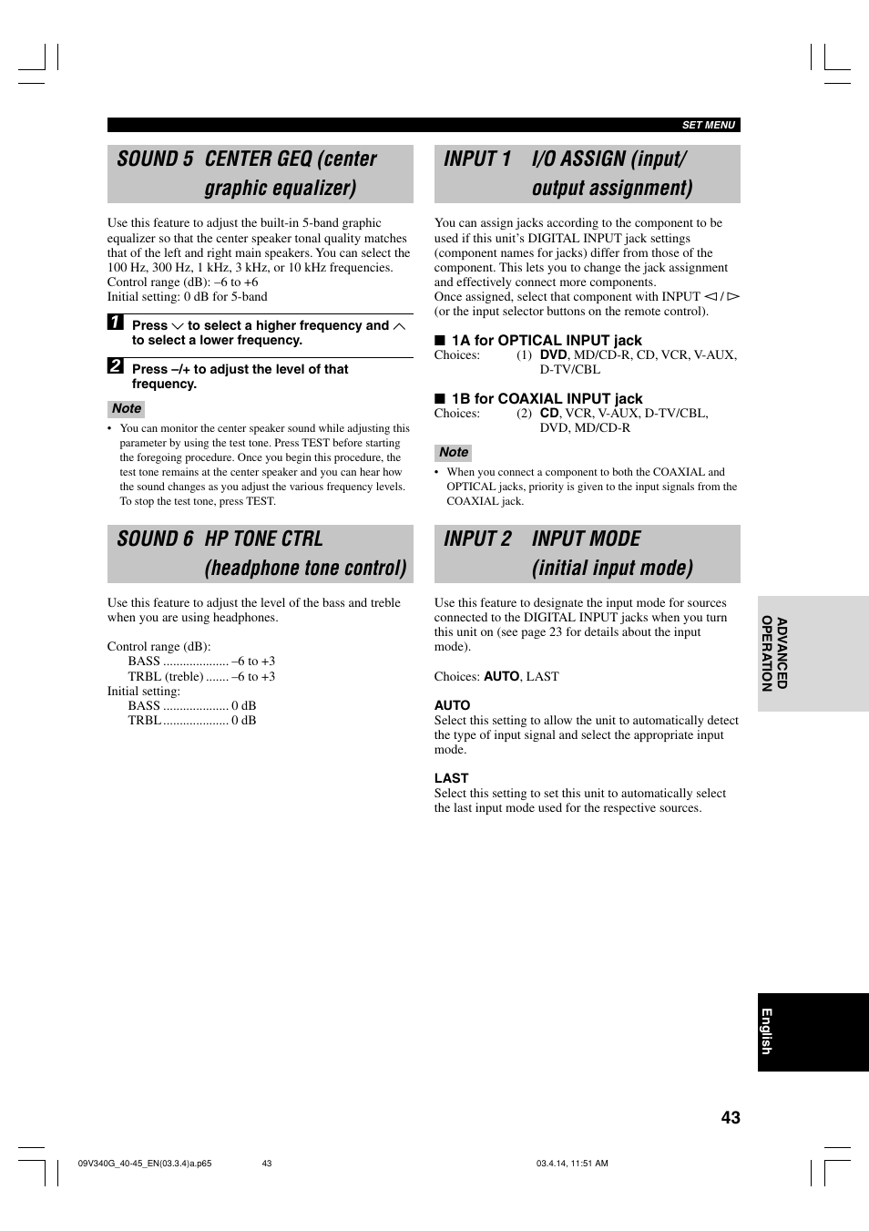 Sound 5 center geq (center graphic equalizer), Sound 6 hp tone ctrl (headphone tone control), Input 1 i/o assign (input/ output assignment) | Input 2 input mode (initial input mode) | Yamaha HTR-5630RDS User Manual | Page 45 / 106