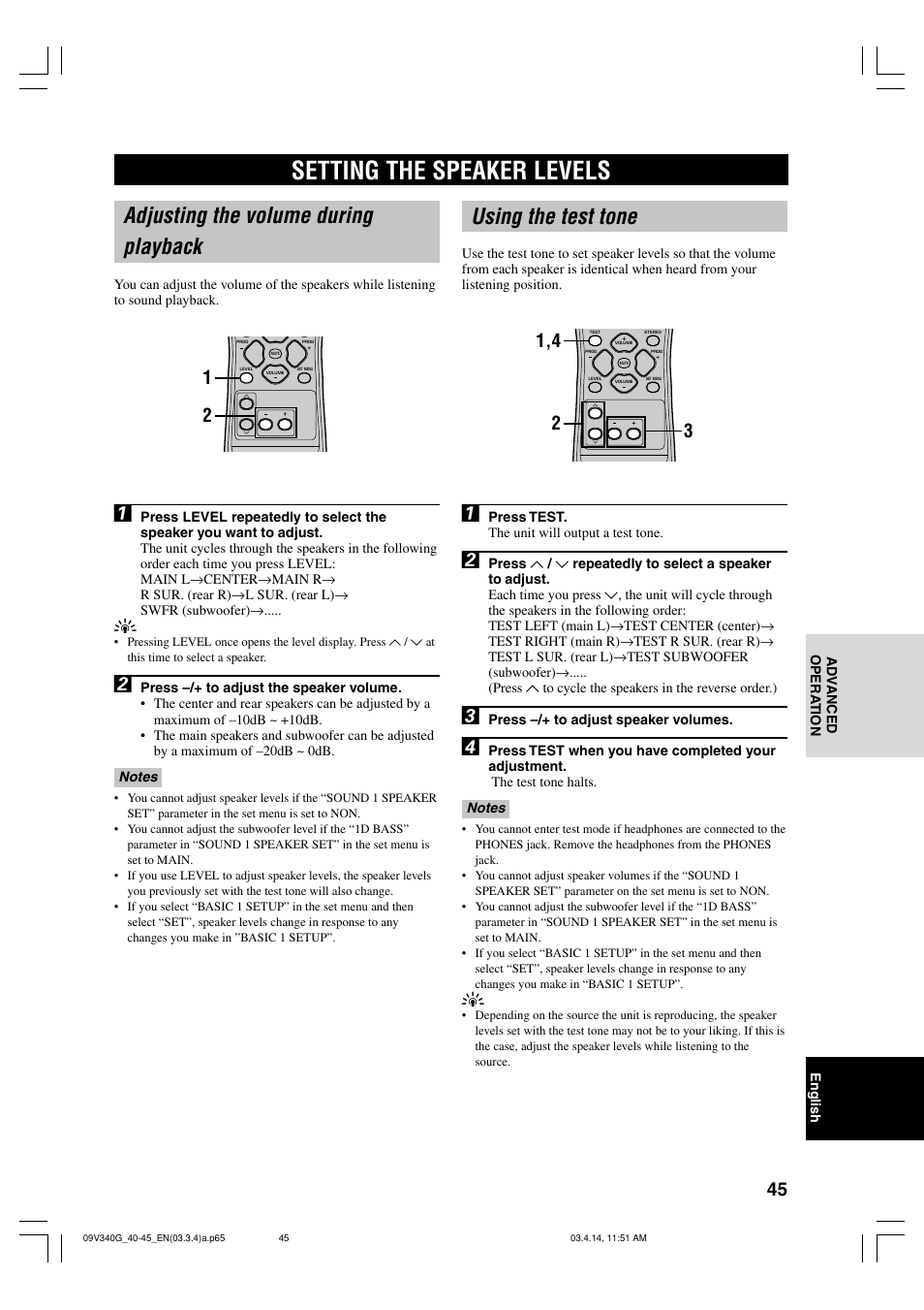 Setting the speaker levels, Adjusting the volume during playback, Using the test tone | Yamaha HTR-5630RDS User Manual | Page 47 / 106