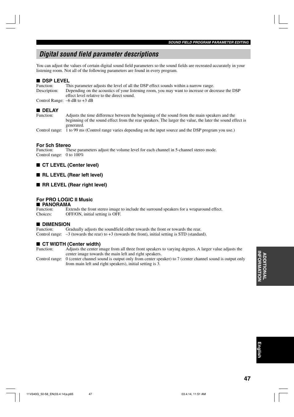 Digital sound field parameter descriptions | Yamaha HTR-5630RDS User Manual | Page 49 / 106