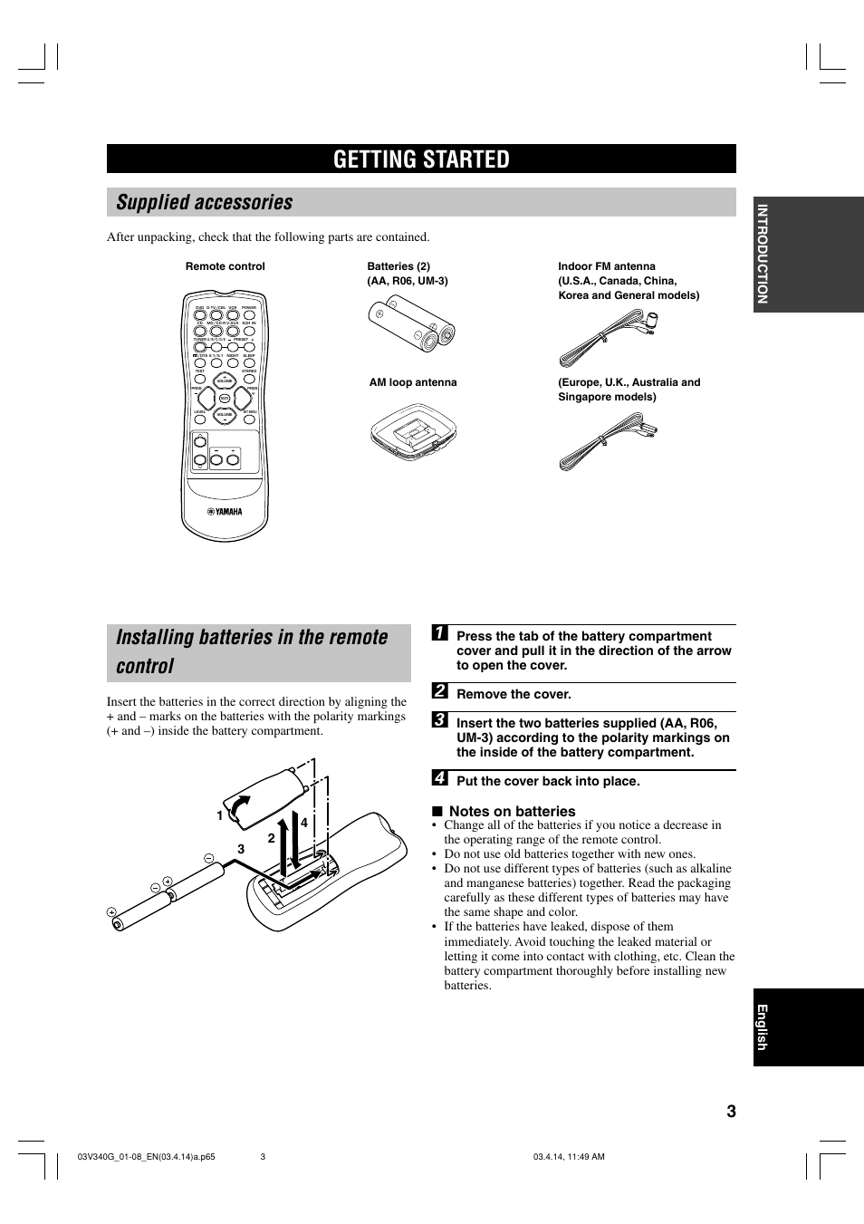 Getting started, Supplied accessories, Installing batteries in the remote control | Yamaha HTR-5630RDS User Manual | Page 5 / 106