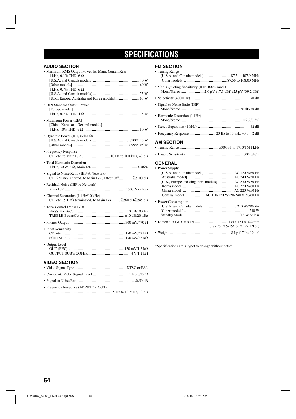 Specifications | Yamaha HTR-5630RDS User Manual | Page 56 / 106