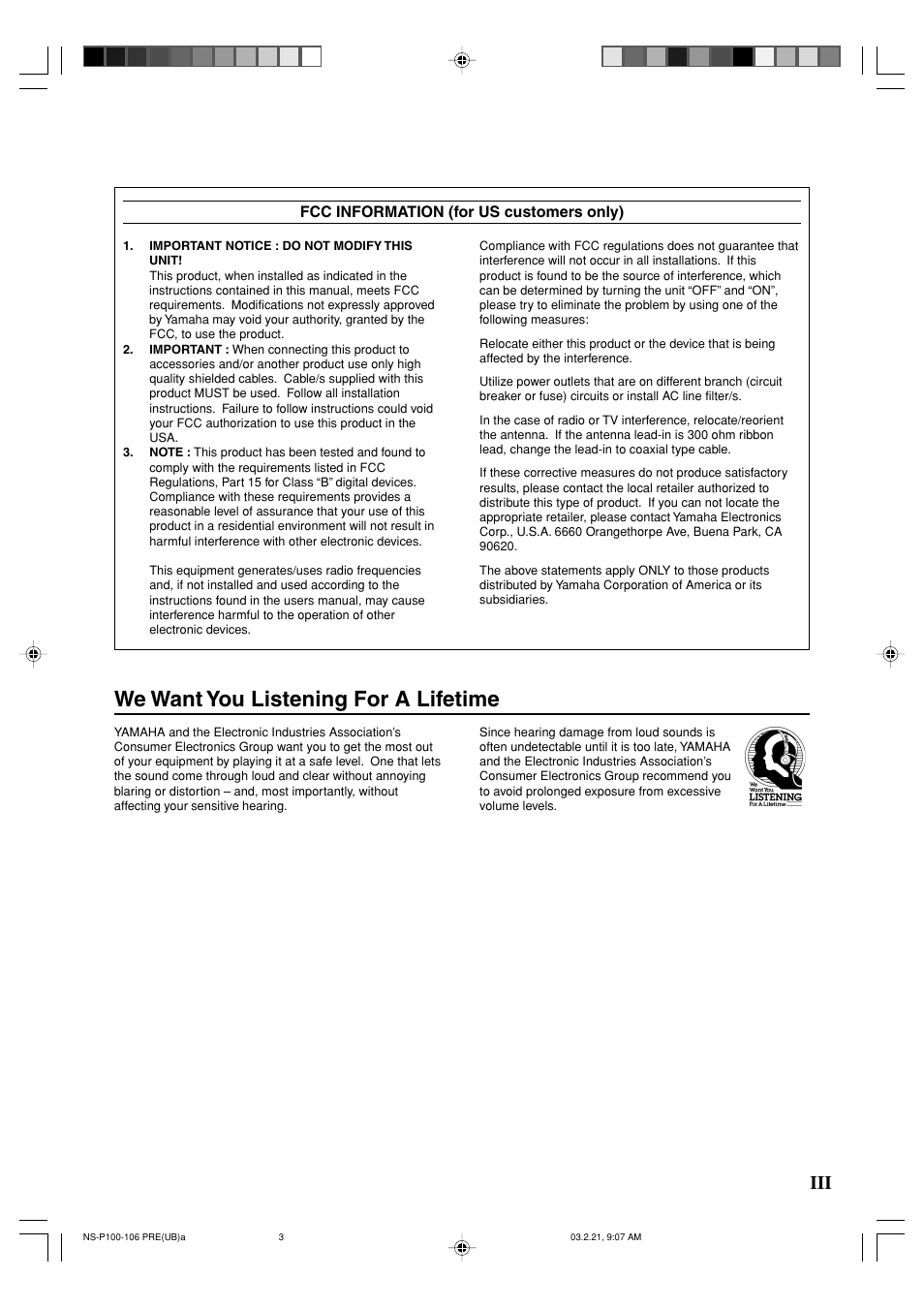 We want you listening for a lifetime | Yamaha HTR-5630RDS User Manual | Page 60 / 106