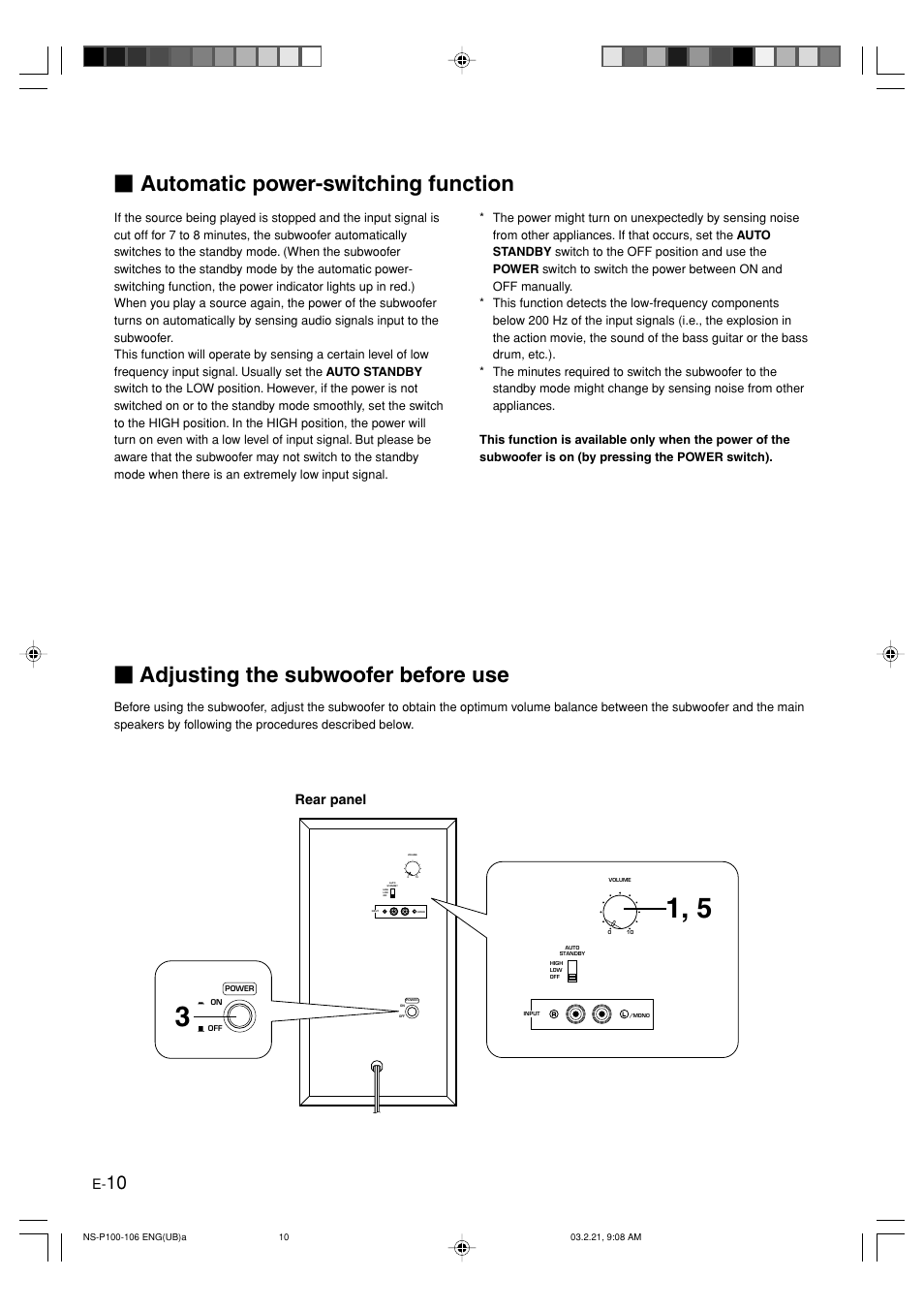 Automatic power-switching function, Adjusting the subwoofer before use, Rear panel | Yamaha HTR-5630RDS User Manual | Page 71 / 106