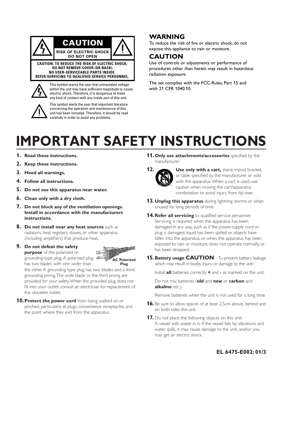 Important safety instructions, Caution | Yamaha HTR-5630RDS User Manual | Page 78 / 106