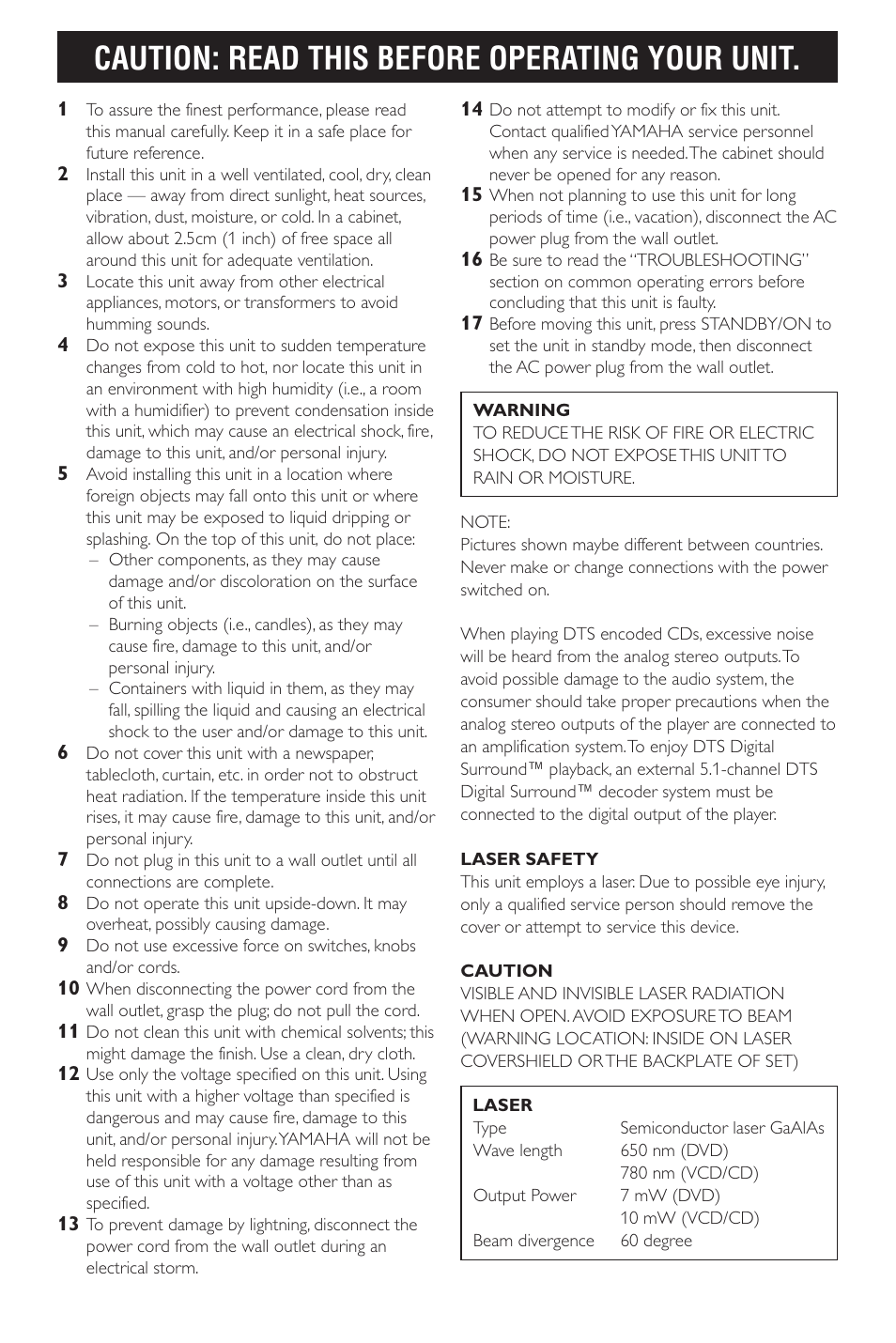 Caution: read this before operating your unit | Yamaha HTR-5630RDS User Manual | Page 80 / 106