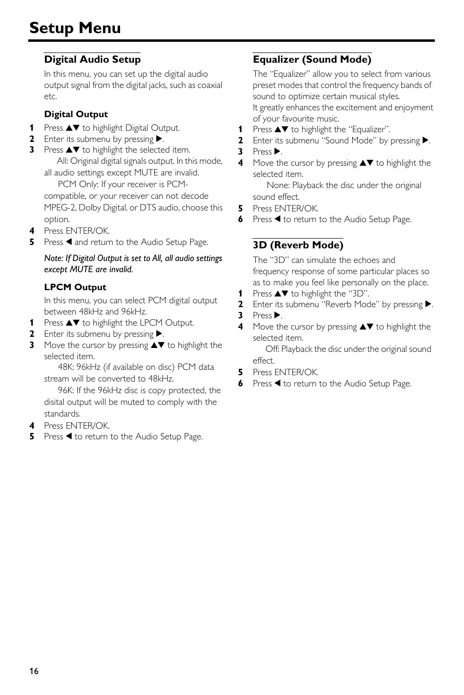 Digital audio setup, Equalizer (sound mode), 3d (reverb mode) | Setup menu | Yamaha HTR-5630RDS User Manual | Page 96 / 106