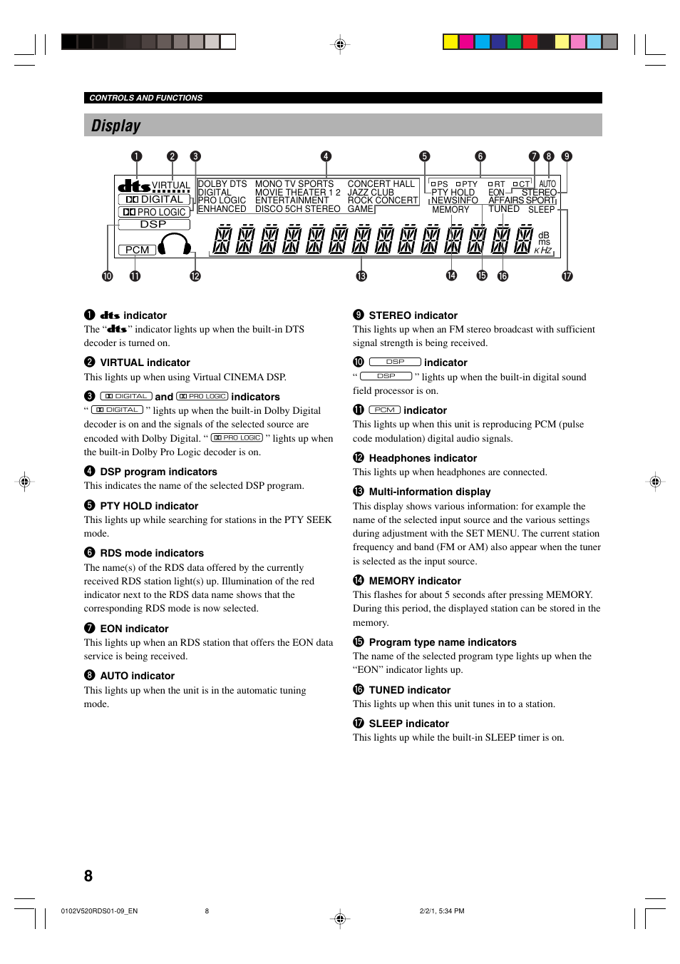 Display, 8display | Yamaha RX-V520RDS User Manual | Page 10 / 71