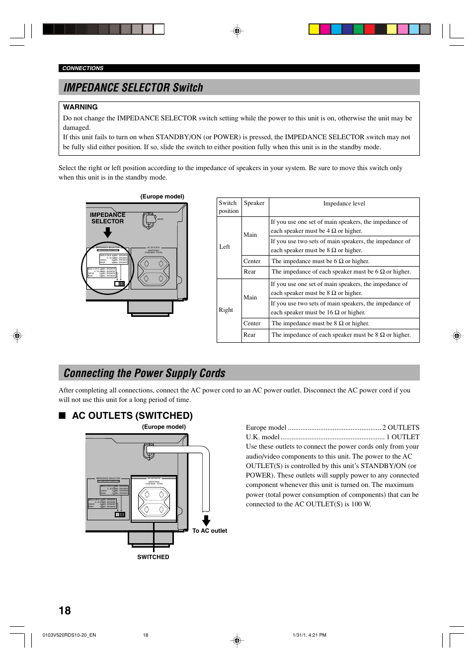 Impedance selector switch, Connecting the power supply cords, 18 impedance selector switch | Ac outlets (switched) | Yamaha RX-V520RDS User Manual | Page 20 / 71
