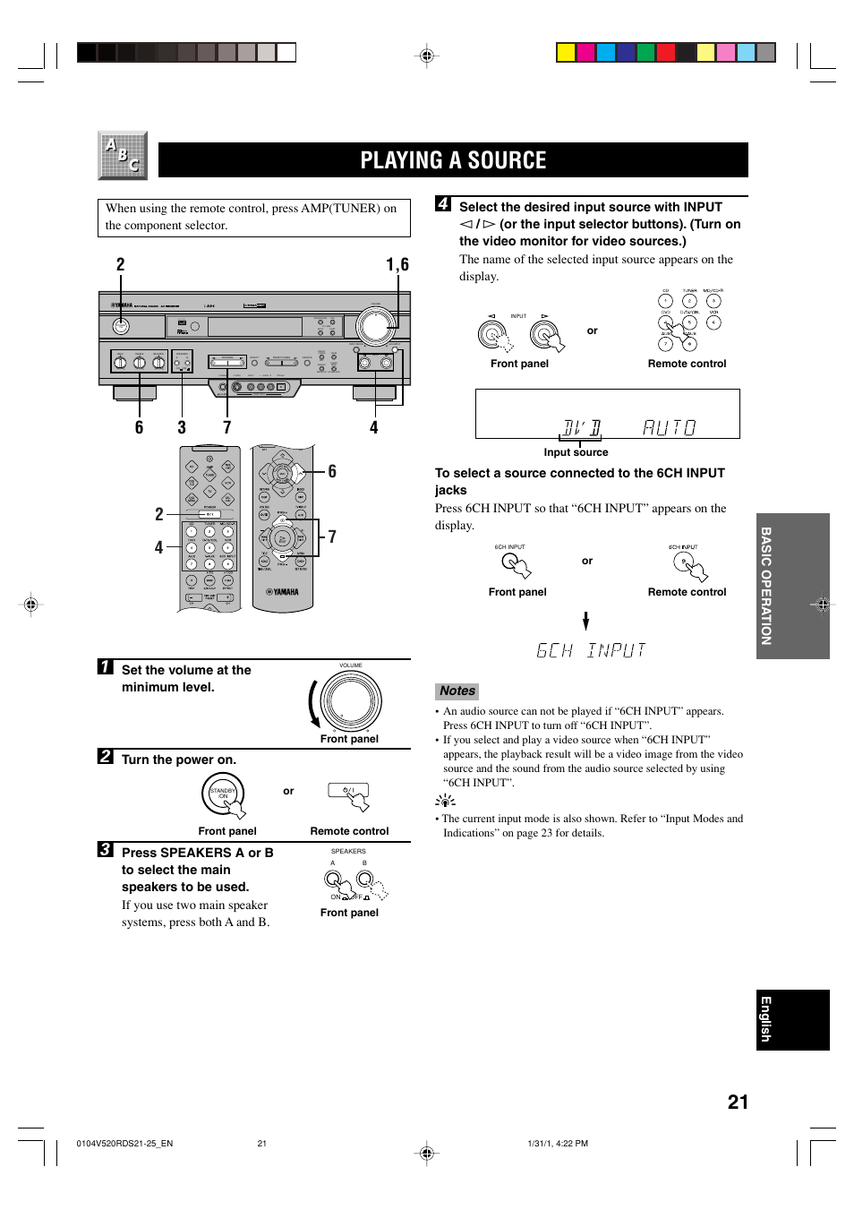 Playing a source, Set the volume at the minimum level, Turn the power on | Yamaha RX-V520RDS User Manual | Page 23 / 71