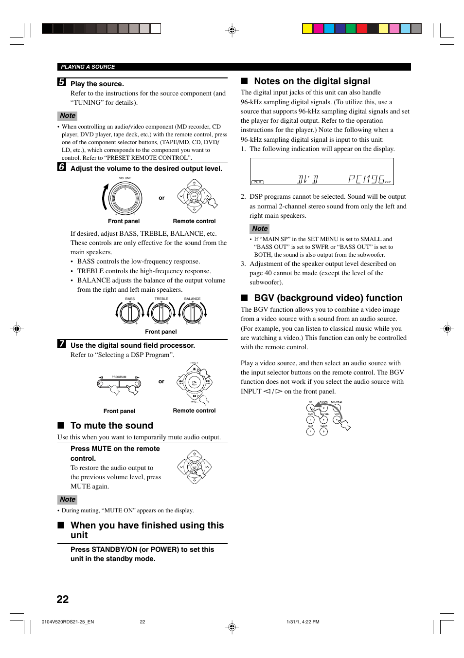 When you have finished using this unit, Bgv (background video) function | Yamaha RX-V520RDS User Manual | Page 24 / 71